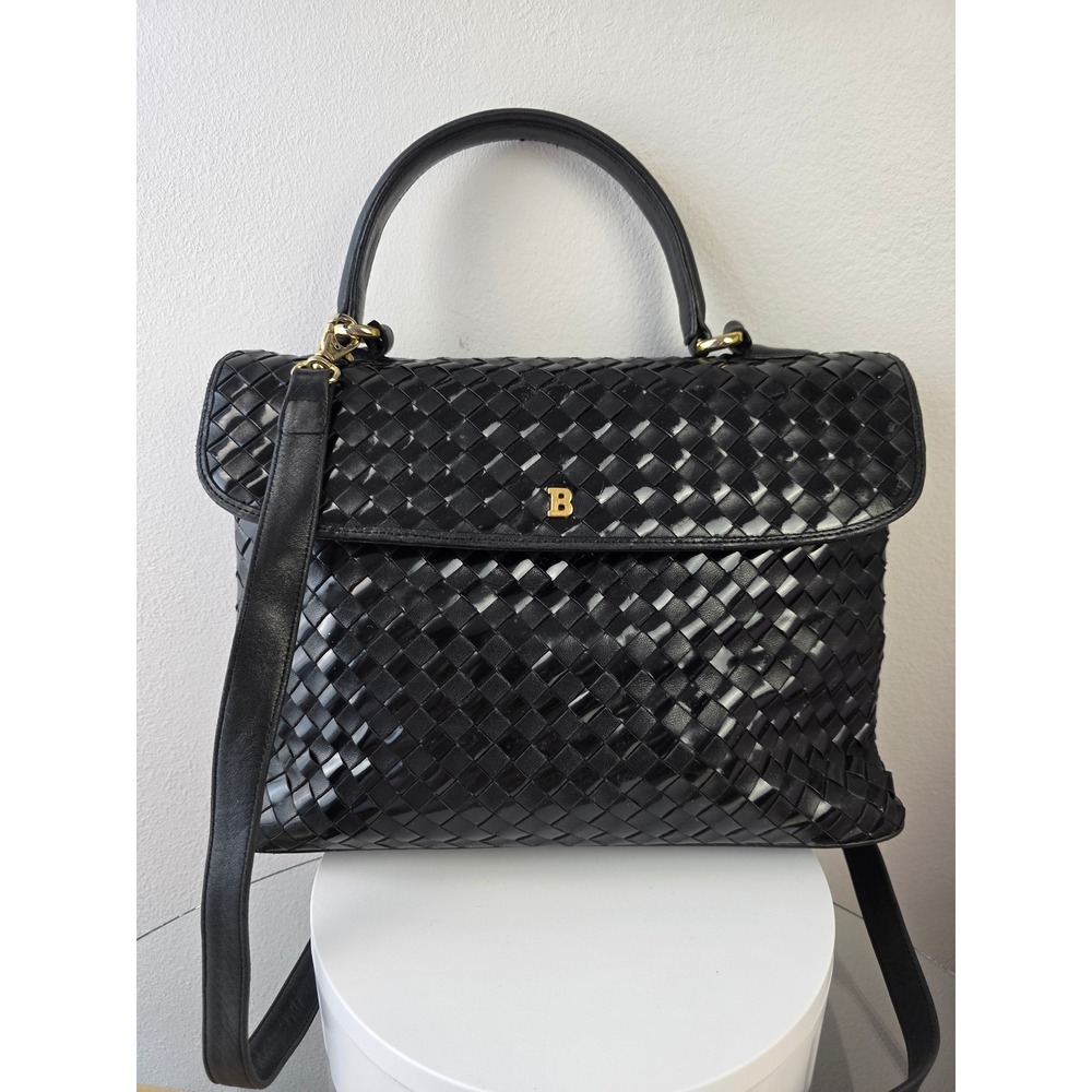 Bally Vintage Black Woven Leather Top Handle Satchel Bag Made in Italy Gold Logo